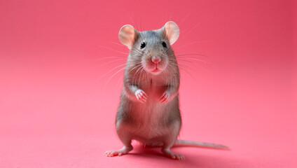 Domestic gray rat on a pink background