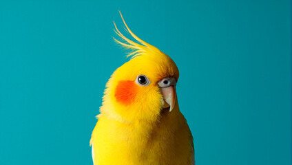 Yellow parrot with red cheeks on bright background
