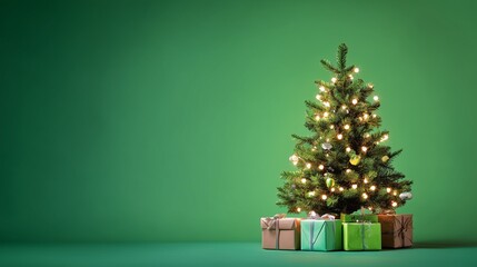 Small Decorated Christmas Tree with Fairy Lights and Gifts on Green Screen Background – Studio Holiday Shot