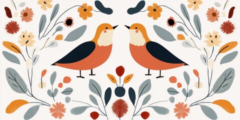 Symmetrical birds with colorful floral botanical leaves and flowers in folk art style. Decorative seamless pattern for home decor, wallpaper and stationery