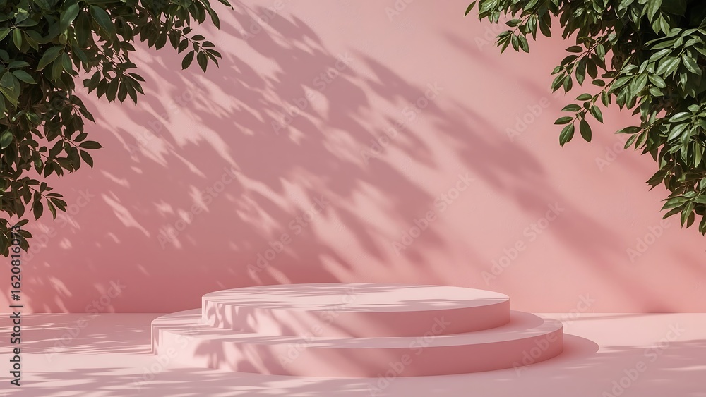 Aufkleber a pink podium with leafy branches casting shadows on a pink wall, creating a serene and natural back