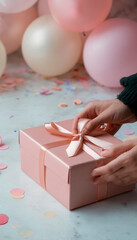 Pink gift box in woman’s hands – vertical photo