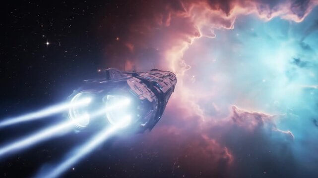 Spaceship Traveling Through Nebula - A futuristic spaceship with bright engines speeds through a vibrant nebula, leaving bright trails in its wake.