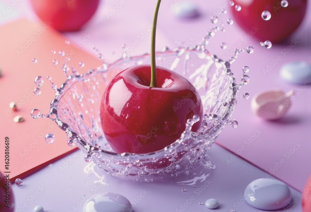 Poster cherry drop creating a vibrant red splash with bubble formation