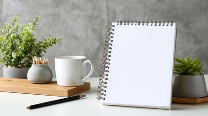 White Spiral Notebook Mockup with Blank Cover and Stationery Set on Neutral Desk