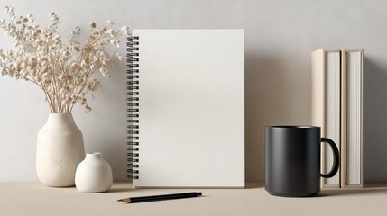 White Spiral Notebook Mockup with Blank Cover and Stationery Set on Neutral Desk