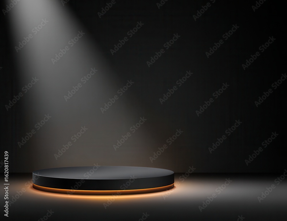 Poster a minimalistic black background with a glowing round platform for product display, illuminated by so