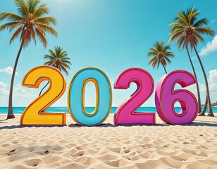 playa soleada ,letras 2026 vibrantes que deletreaban el año en letra grande y colorida