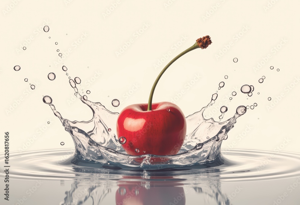 Poster cherry drop creating a vibrant red splash with bubble formation