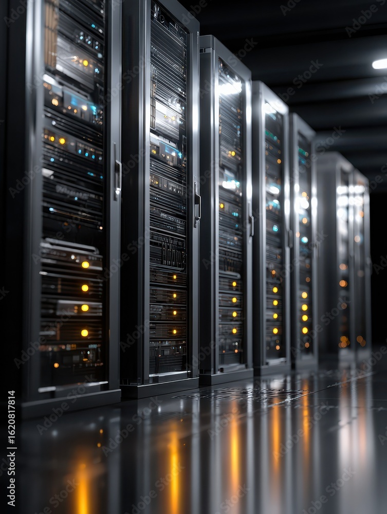Poster a row of server racks in a data center, showcasing technology.