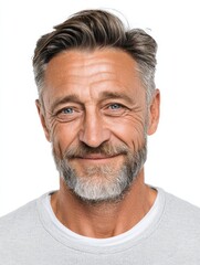 Obraz premium a closeup photo portrait of a handsome old mature man smiling with clean teeth. for a dental ad. guy with fresh stylish hair and beard with strong jawline. isolated on white background. Generative AI