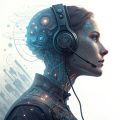 Futuristic cybernetic woman with glowing circuits and headphones