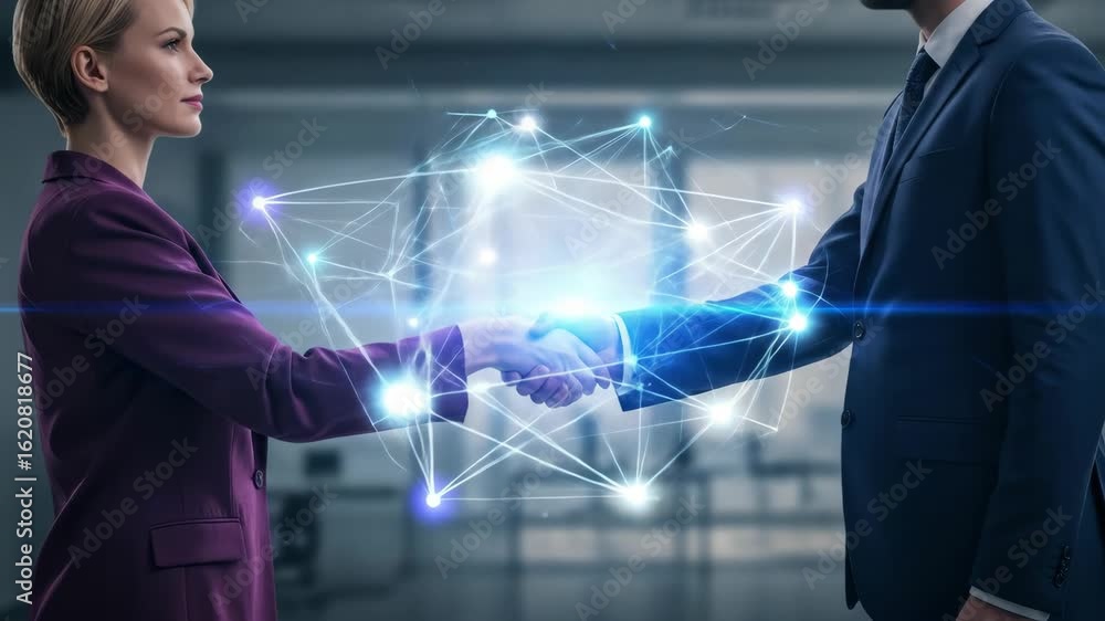 Poster business partnership and networking concept - a man and woman in business attire shake hands, connec