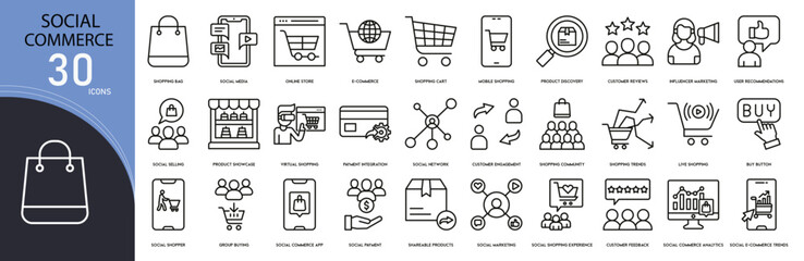 Social commerce related icon collections. Containing shopping, mobile, like, review, social media, comment, share, product, influencer, and interaction icons. Outline icons.