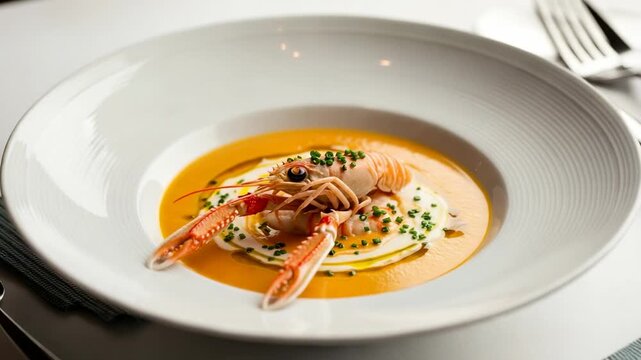 Gourmet langoustine bisque served in a white bowl. Elegant seafood soup appetizer in a fine dining restaurant with fresh scampi and chives.