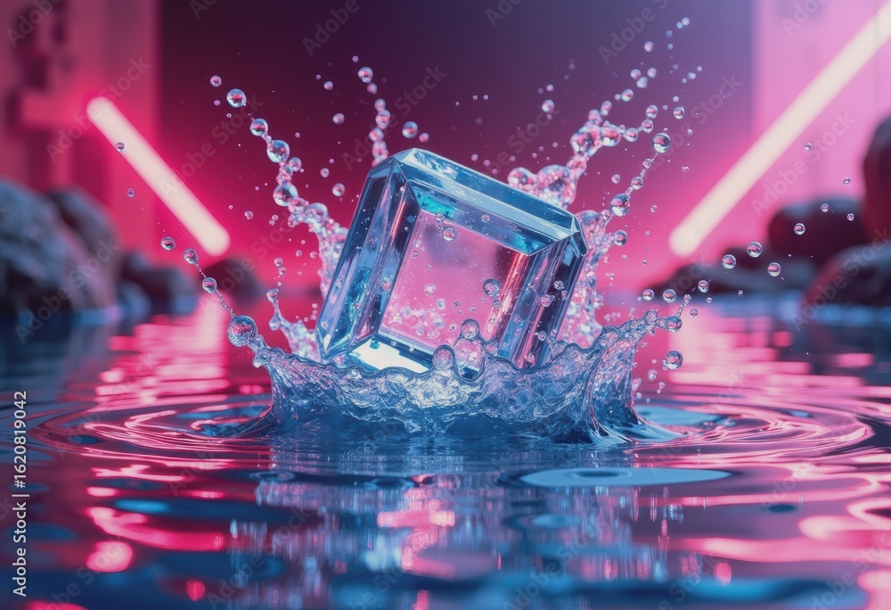 Poster ice cube crashing into water, creating stunning splashes and reflections