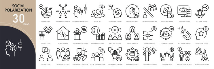 Social polarization related icon collections. Containing divide, opinion, group, conflict, ideology, society, communication, disagreement, tension, and identity icons. Outline icons.

