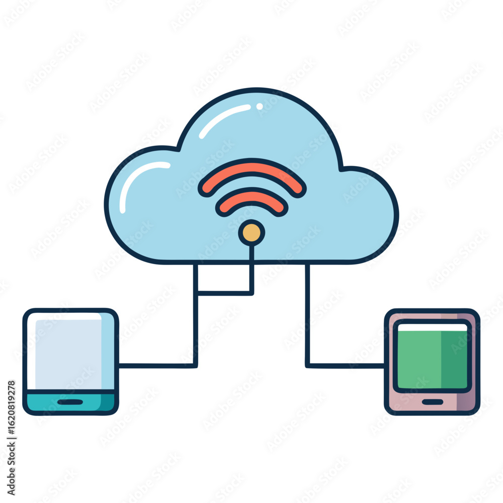 Poster cartoon 2d vector icon – ai cloud sync between devices with wireless signals