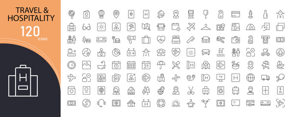Travel and hospitality related icon collections. Containing plane, hotel, luggage, passport, booking, trip, map, bed, service, and tourism icons. Outline icons.

