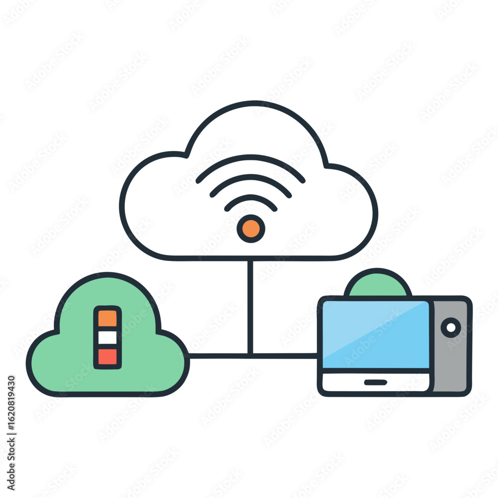 Poster cartoon 2d vector icon – ai cloud sync between devices with wireless signals