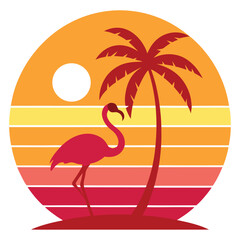 vector 80s style retro sunset with tropical island.