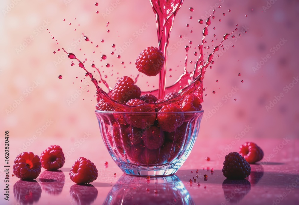 Poster raspberry collision with red juice droplets creating a vibrant splash