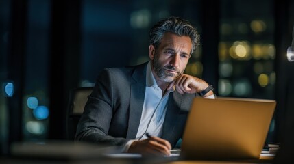 Mature business man executive manager looking at laptop computer watching online webinar training or having virtual meeting video conference taking notes, doing market research working in office., no