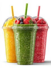 Colorful fruit smoothies in plastic cups with straws on a white background