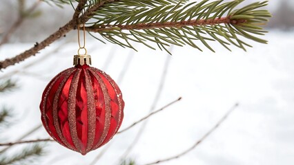 Red Christmas decoration hanging from branch. AI GENERATED.
