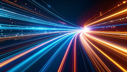 Abstract vibrant streaks of blue and orange light converge towards a bright white center creating a sense of speed and data flow