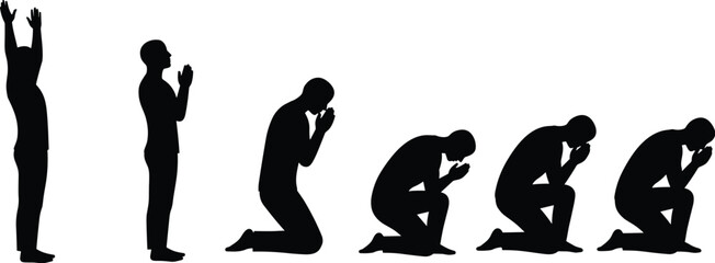 Silhouette of a man praying, from standing with hands raised to kneeling in devotion, showing stages of worship and spiritual practice, flat vector illustration.
