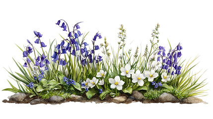 Naklejka premium Hand-painted cluster of bluebells, wild grass, and white anemones, isolated on transparent background 