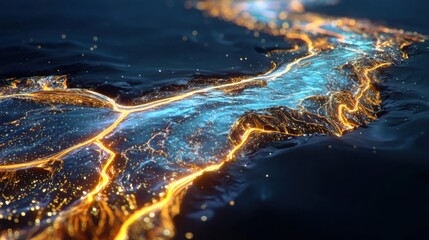 Flowing lava river in dark volcanic landscape