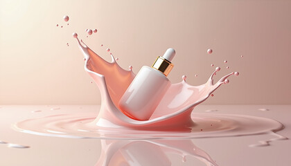 Cosmetic dropper bottle splashing in pink liquid against a soft light background, mockup