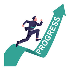 Businessman Running Towards Success on Progress Arrow &ndash; Concept of Career Growth and Motivation on White Background Vector Illustration
