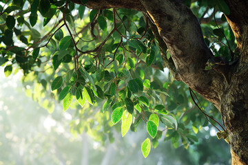 Fototapeta premium Bodhi tree leaves glowing with sunlight streaming through the green canopy