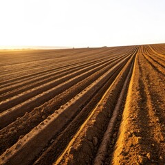 Golden sunset illuminates newly plowed agricultural field with parallel furrows ready for planting