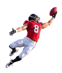 Naklejka na ściany i meble American football player mid-air leap catching ball, isolated action pose
