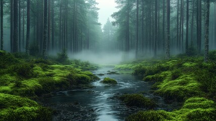 Fototapeta premium Stream running through a forest with moss growing on the ground