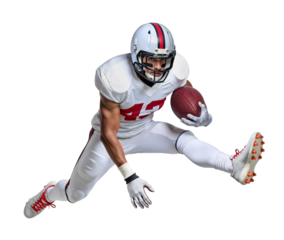 American football athlete in air jumping pose while holding a ball