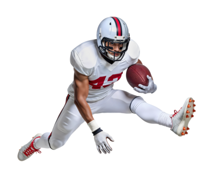 American football athlete in air jumping pose while holding a ball