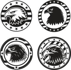 Patriotic Eagle Emblem Designs with Stars and Stripes Circular Black and White American Symbols Representing Freedom and Strength