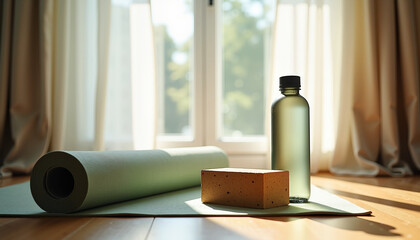 Yoga mat, water bottle, and block arranged on a wooden floor near sunlight