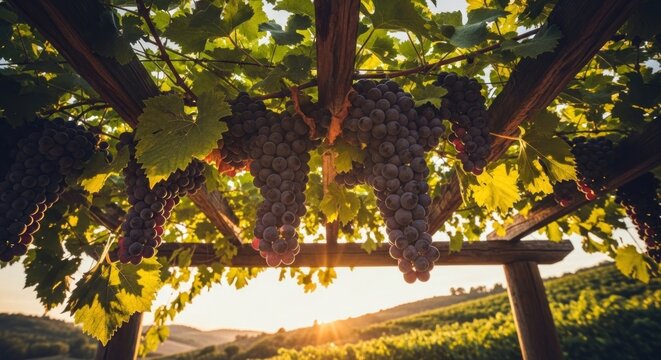 Clusters of ripe grapes hanging from a wooden pergola at sunset - Powered by Adobe