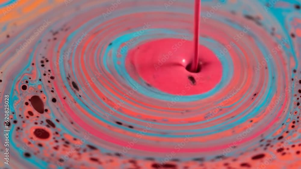 Poster red liquid pouring into swirling turquoise and orange paint creating abstract patterns