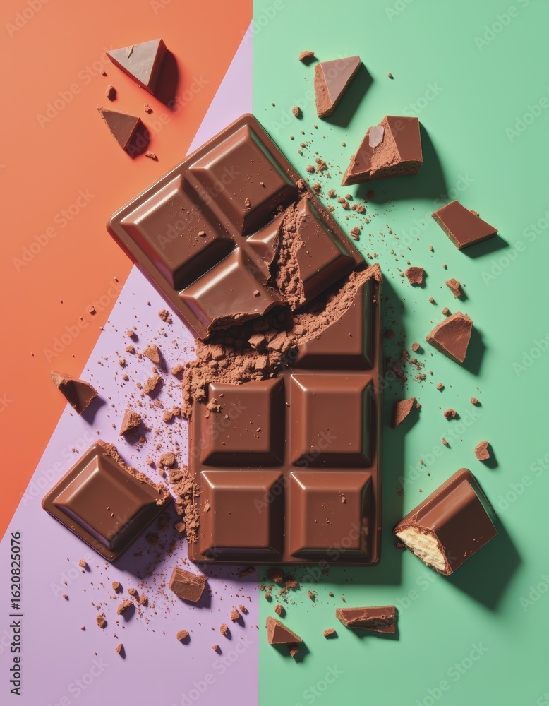 Poster chocolate bar shattering into angular pieces with cocoa dust