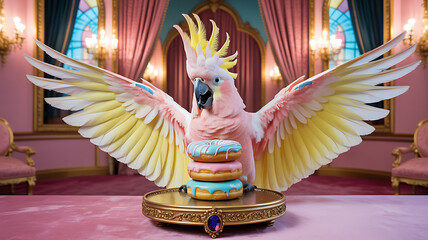 A stunning cockatoo presents a colorful cake with donuts in a lavish room featuring pink walls and elegant decor. The bird's wings are spread wide, adding to the vibrant atmosphere.