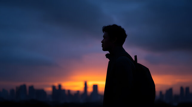 Silhouette Against the Horizon: A solitary figure stands silhouetted against a breathtaking sunset cityscape, conveying introspective moments.