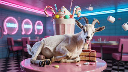A playful goat lounges on a table in a retro diner, surrounded by a milkshake, cake, and candy. The bright neon lights create a lively atmosphere, enhancing the whimsical mood.