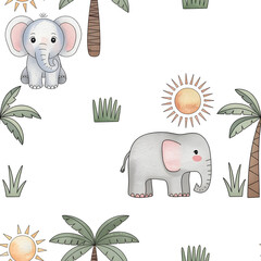 Cute Elephant and Sun seamless Pattern on white background 